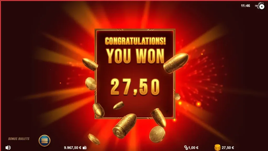Tampilan visual slot Bonus Bullets dengan nuansa noir dan elemen peluru emas.