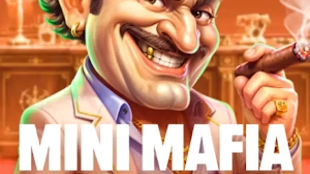 Tampilan antarmuka slot Mini Mafia Megaways dengan tema kartun mafia yang mewah.