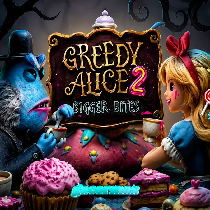 Tampilan visual slot Greedy Alice 2 Bigger Bites dengan tema Wonderland yang gelap